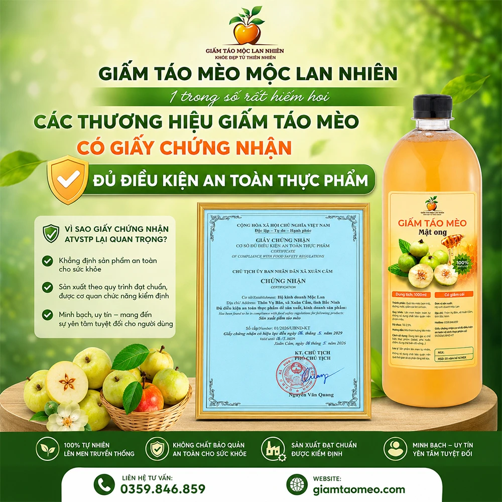 Giấy chứng nhận an toàn thực phẩm giấm táo mèo