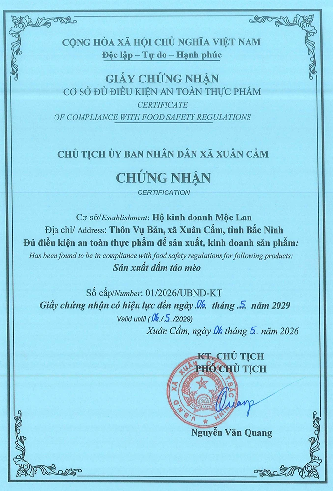 Giấy chứng nhận đủ điều kiện an toàn thực phẩm